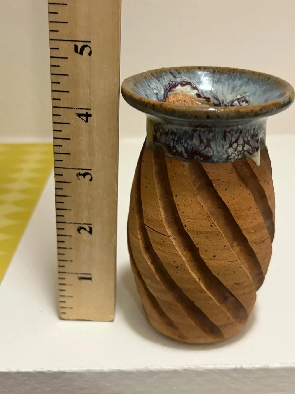 Handcrafted Studio 4.5” Pottery Bud Vase Carved Spiral Pattern Drip Glaze Rim